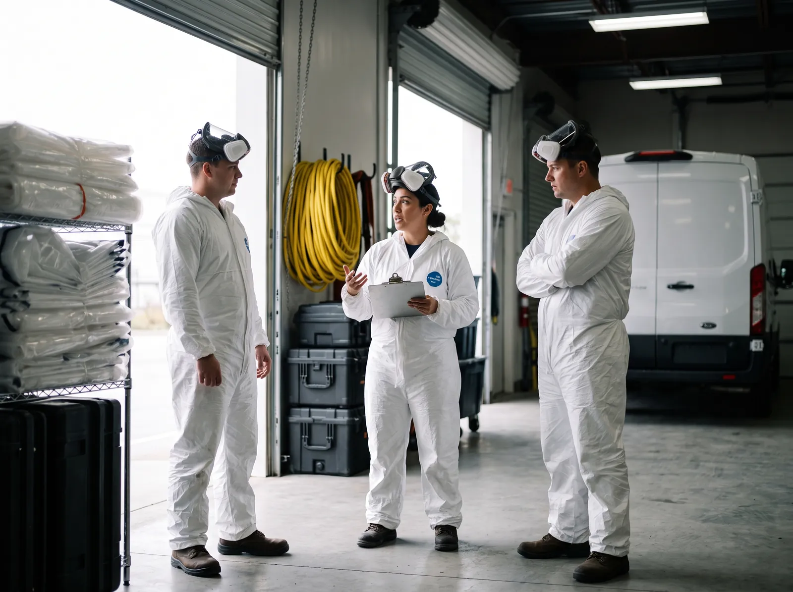 Three LBA technicians in protective coveralls being briefed before a job in the equipment bay, with cases, ducting and a plain white van behind them.