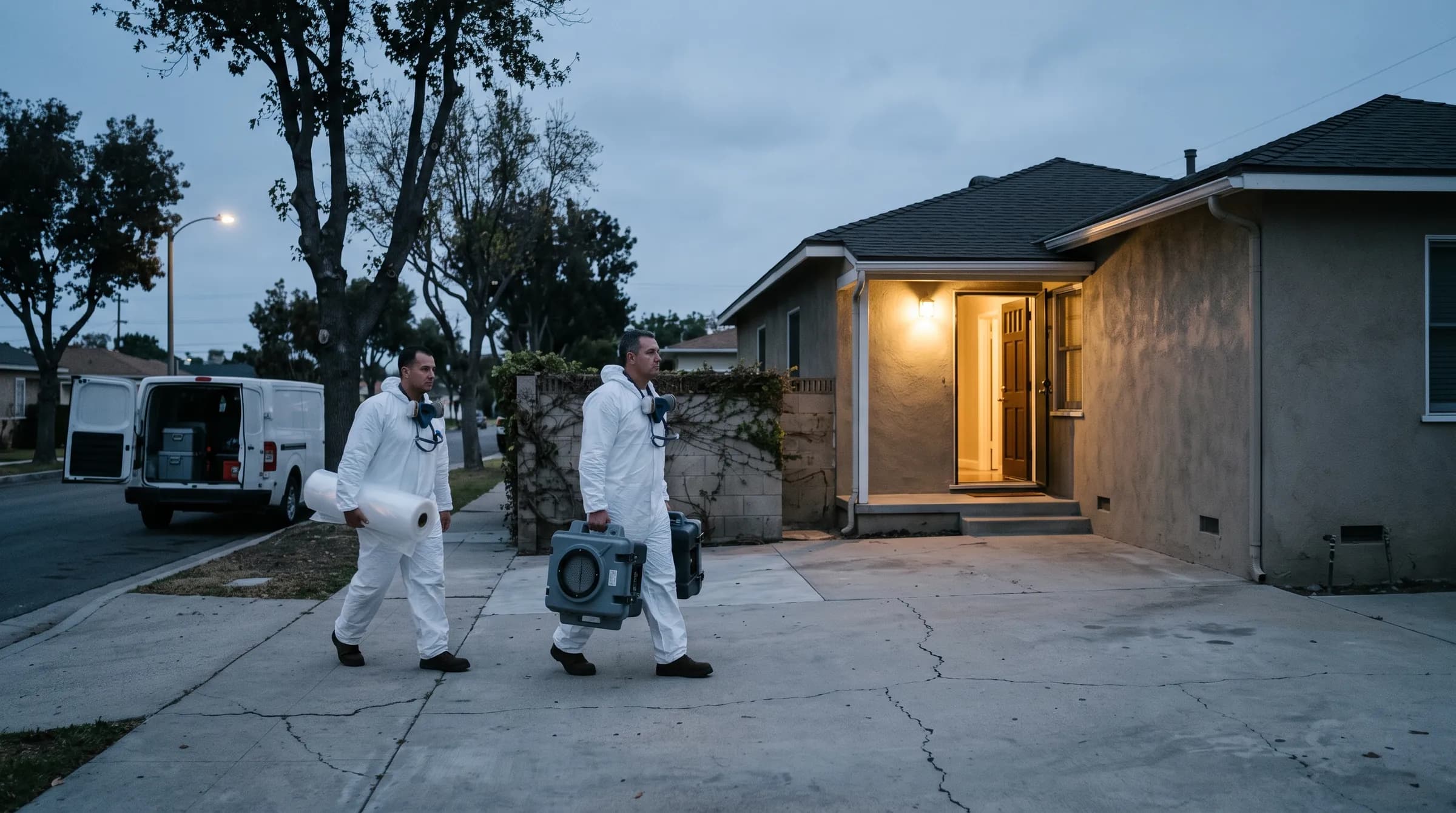 An LBA Recovery Services crew in protective coveralls carrying containment equipment from their van to the front door of a Los Angeles home before sunrise.